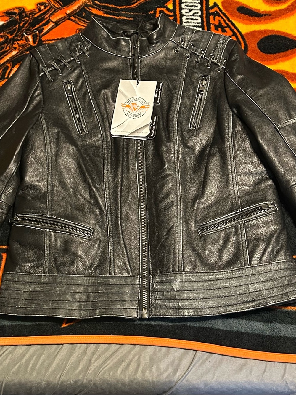 Milwaukee Leather Distressed Grey Laced Detail Leather Jacket